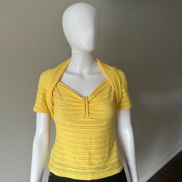 Y2K Yellow Betty Page Sweetheart Neckline 1950’s Retro Style Top With Ruching - Picture 6 of 10